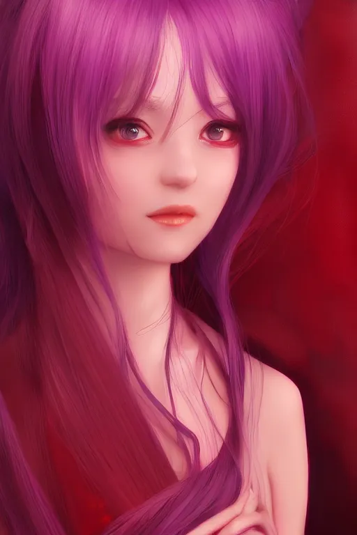 Prompt: 4k centered detailed portrait of a beautiful intimate woman with long purple cosmic hair and a beautiful red dress, by ilya kuvshinov and ross tran. Anime, volumetric lighting