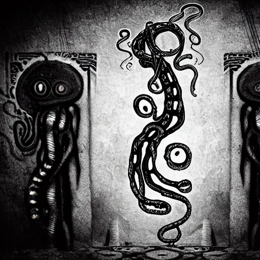 Prompt: photography of a tentacle monster looking at hieroglyphs, eerie atmosphere, cinematic lighting, cosmic apocalypse, hp lovecraft, hr giger