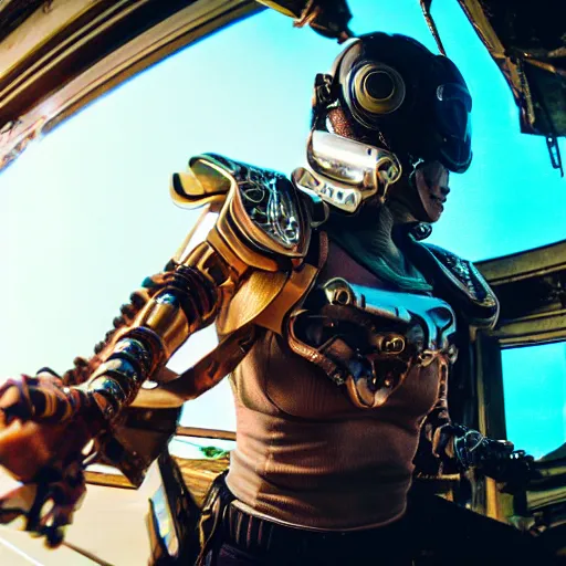 Prompt: gopro pov of a woman warrior wearing intricate biomechanical scifi cyberpunk helmet running motion blur