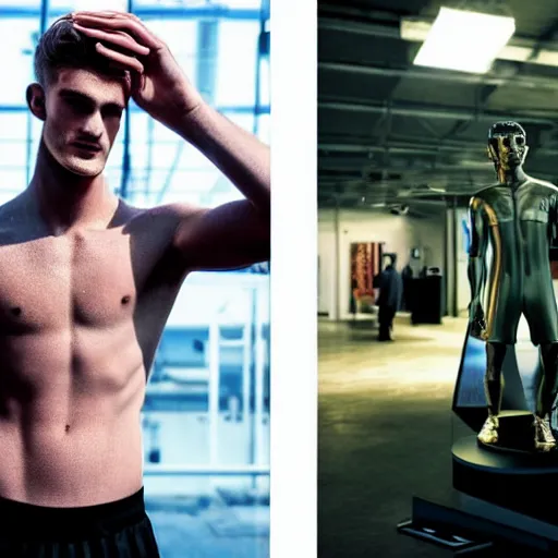 Image similar to a realistic detailed photo of a guy who is an attractive humanoid who is half robot and half humanoid, who is a male android, soccer players martin ødegaardtimo werner, shiny skin, posing like a statue, blank stare, in a factory, on display, showing off his muscles, gold soccer shorts, side view, looking at each other mindlessly