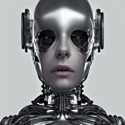 Image similar to a ultradetailed portrait of a white one cast futuristic biomechanic cyborg with mechanical elements for face, carbon fibre and nanotube elements, futuristic, 8 k, dramatic light, digital painting by hr giger, octane render