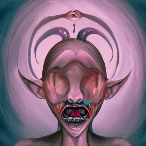 Prompt: a drawing of a woman with a creepy face, a sinister demonic mouth opening from forehead, a character portrait by lois van baarle, trending on deviantart, pop surrealism, grotesque, trypophobia, cosmic horror