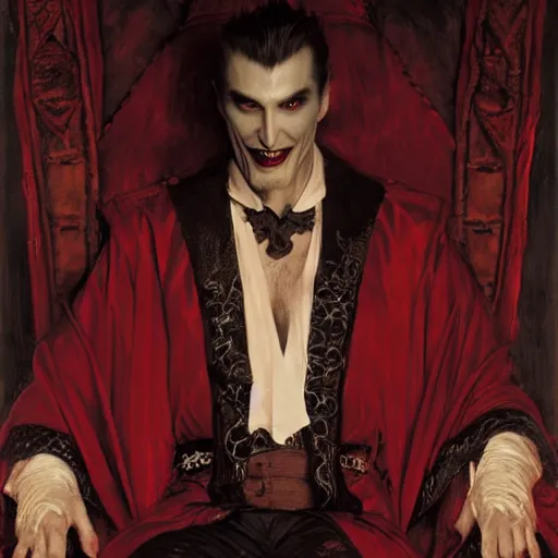 Image similar to perfectly centered portrait of attractive vampire king dracula in a robe sitting on a throne of bones, highly detailed painting by gaston bussiere, craig mullins, j. c. leyendecker, 8 k