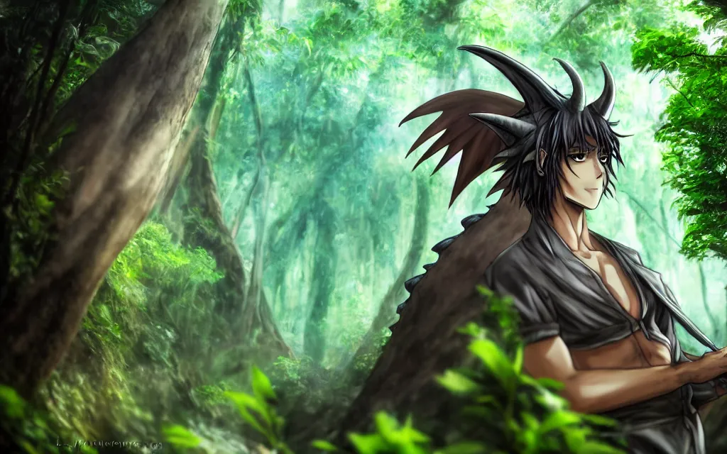 Image similar to handsome anime dragon in Amazon rainforest, dnd character, background focus, fantasy, magic, realistic textured skin, clear clean, by lya