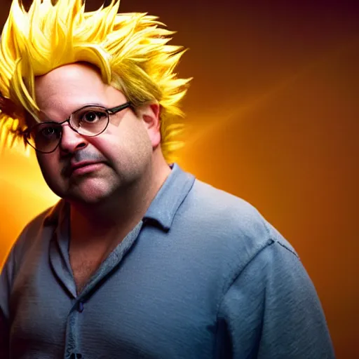 Image similar to uhd candid photo of jason alexander as a super sayian, glowing, global illumination, studio lighting, radiant light, detailed, correct face, elaborate intricate costume. photo by annie leibowitz