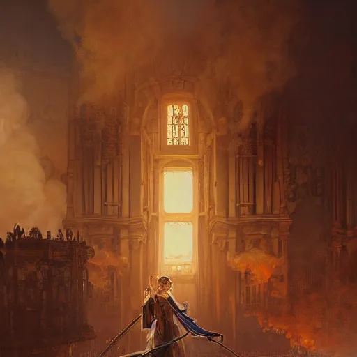 Prompt: portrait of a pipe organ facade surrounded by smoke, battle damage, sunset glow around head, full body portrait, intricate, elegant, highly detailed, digital painting, artstation, concept art, smooth, sharp focus, illustration, art by artgerm and greg rutkowski and alphonse mucha, background is a city in ruins