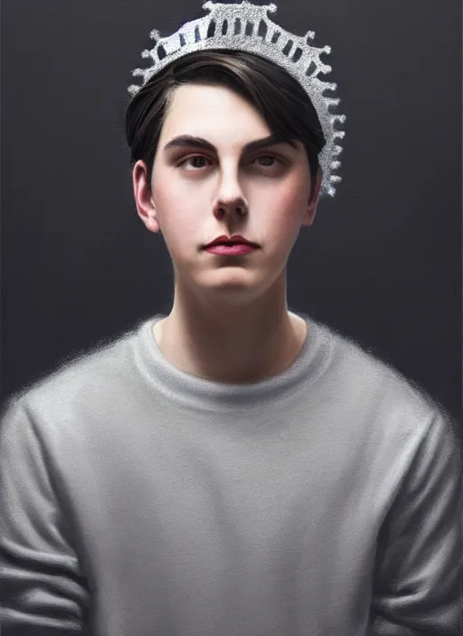 Image similar to portrait of teenage jughead jones wearing a light grey crown, photorealistic, crown, eyes closed, crown, black hair, sweater with letter s on it, letter s, intricate, elegant, glowing lights, highly detailed, digital painting, artstation, concept art, smooth, sharp focus, illustration, art by wlop, mars ravelo and greg rutkowski