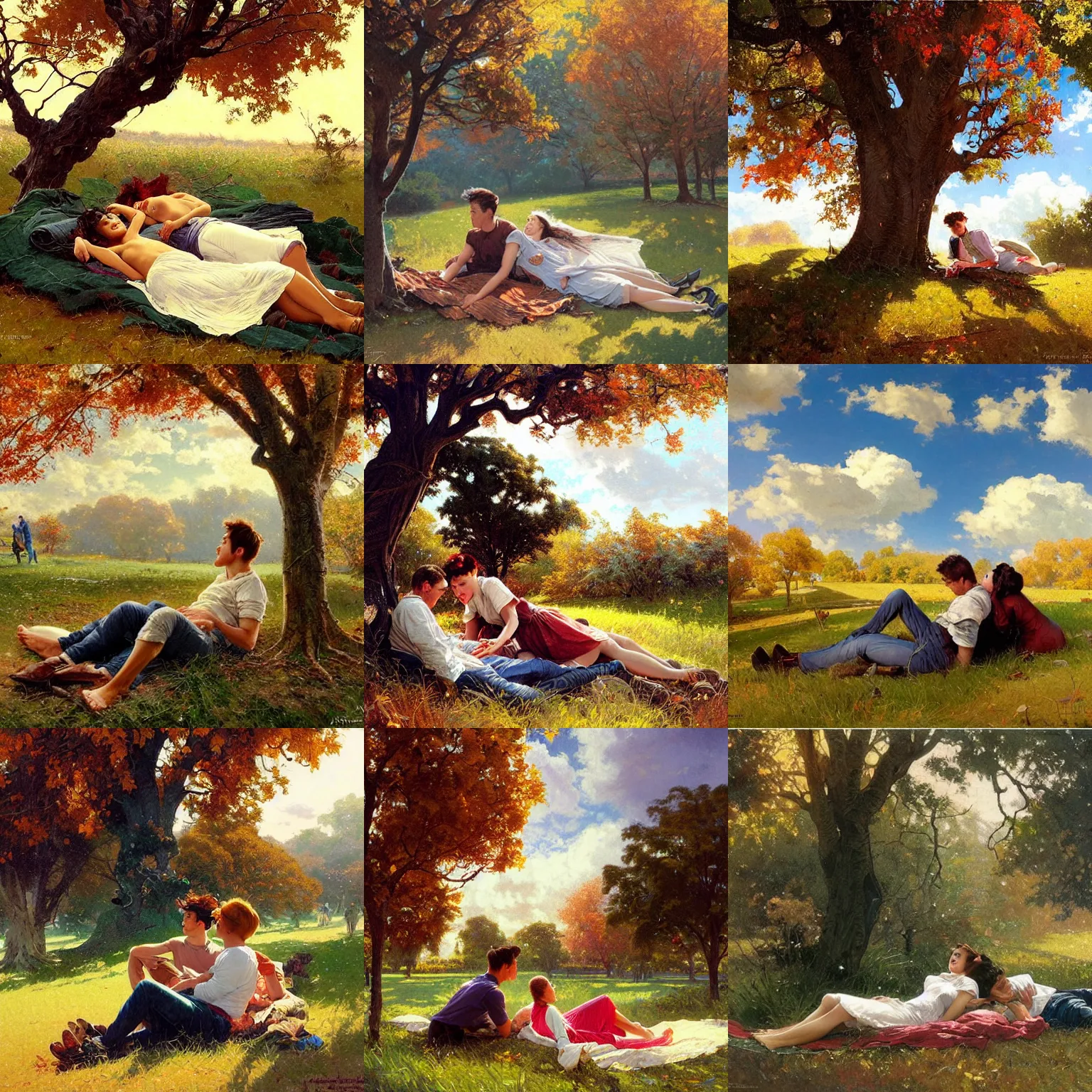 Prompt: young man and woman laying under a tree looking at clouds autumn, ( ( ( wearing jeans ) ) ), by stanley artgerm lau, greg rutkowski, thomas kindkade, alphonse mucha, loish, norman rockwell