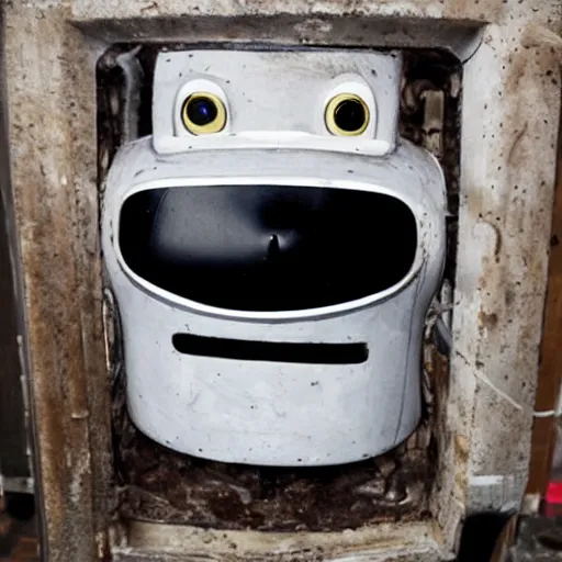 Prompt: the face of a burnt robot, blank round eyes, open mouth, charred husk