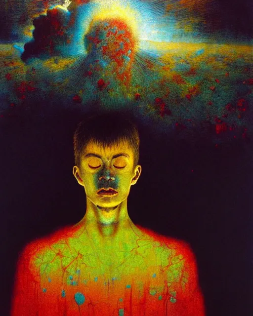 Prompt: 8k professional photo of an 8 years enlightened boy standing in front of a computer from 90s monitor screen, Beksinski impasto painting, part by Adrian Ghenie and Gerhard Richter. art by Takato Yamamoto, masterpiece by Francis Bacon