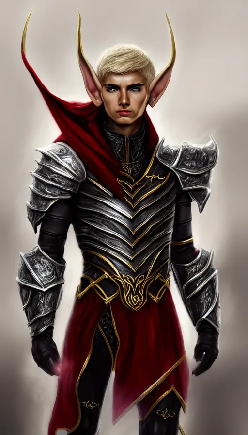 Prompt: A medium shot portrait of a male elf, he is about 20 years old, attractive, lean but muscular, serious composure, short silver hair, prideful look, he is wearing black heavy armor with gold plating and a 'red cape', highly detailed portrait, digital painting, ArtStation, concept art, smooth, sharp focus illustration