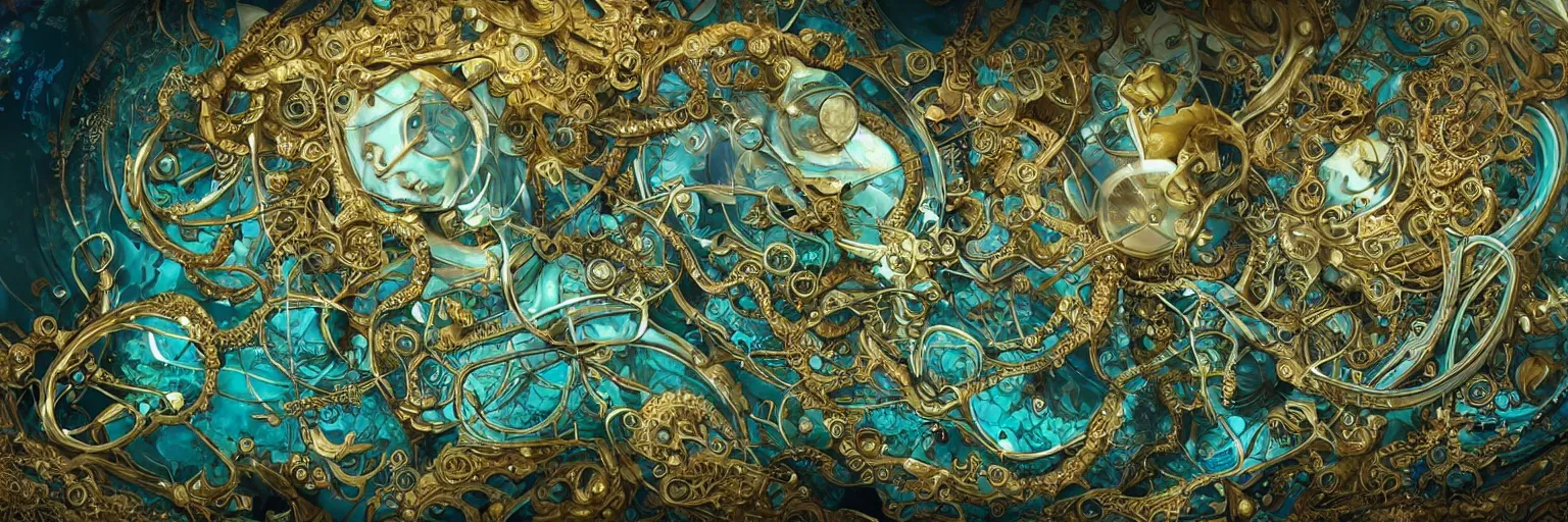 Prompt: Jaquet Droz, Tomer Hanuka, smooth liquid metal with detailed line work, Mandelblub fractal, Exquisite detail, blue neon details, green neon details, white ceramic shapes, hyper detailed, intricate illustration, golden ratio, steampunk, smoke, neon lights, steampunk forest background, liquid polished metal, by peter mohrbacher trending on artstation, photo realistic, octane render