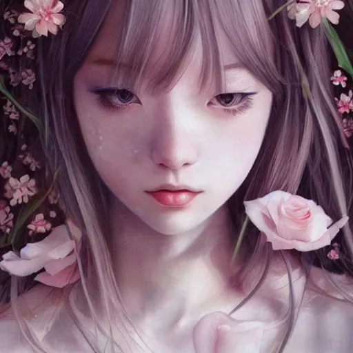 Image similar to Females Portrait by Miho Hirano, Ross Tran and Ilya Kuvshinov, realistic, detailed, white, light pink tonalities, beautiful collage technique including flora, sea, wind, ornate sea background, beautiful Fantasy detailed trending on artstation, oil painting,Dramatic lighting, eterea , high quality print, fine art with subtle redshift rendering