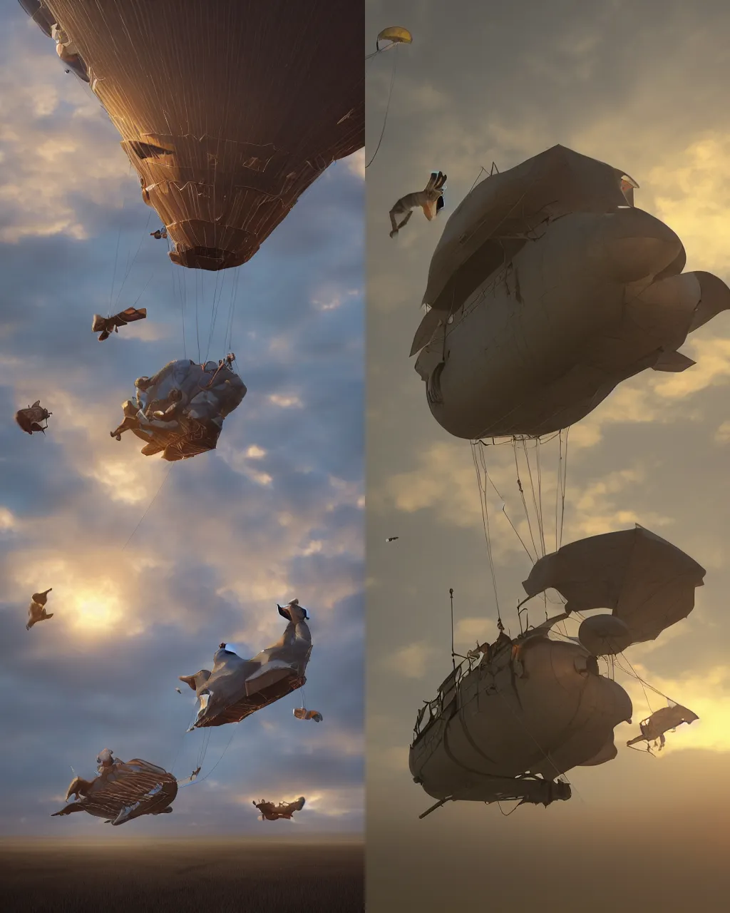 Prompt: cats skydiving from a fantasy airship at dusk the cats parachutes are deployed, octane render, realistic lighting