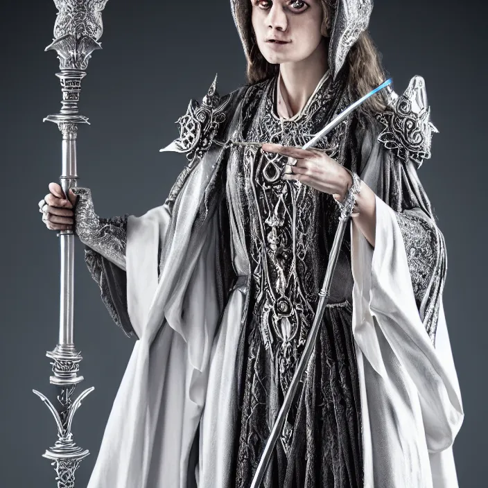 Image similar to photograph of a real-life beautiful lunar witch with ornate silver robes and staff. Extremely detailed. 8k