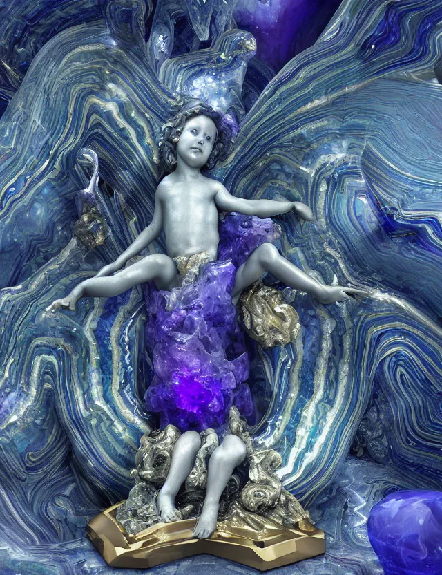 Image similar to a sculpture of a winged child made from blue and emerald and amethyst crystal geode formations with flowing marble water with obsidian base with liquid gold tendrils flowing by carlo maria mariani by stanisław szukalski, tesseract!!!, octane render, byzantine, spirals, elestial crystals, geode,