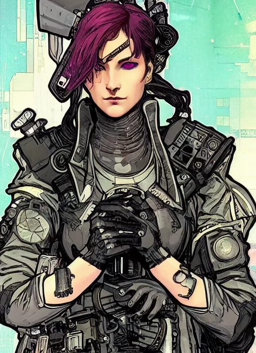 Prompt: cyberpunk electra. portrait by ashley wood and alphonse mucha and laurie greasley and josan gonzalez and james gurney. splinter cell, apex legends, rb 6 s, hl 2, d & d, cyberpunk 2 0 7 7. realistic face. character clothing. vivid color. dystopian setting.