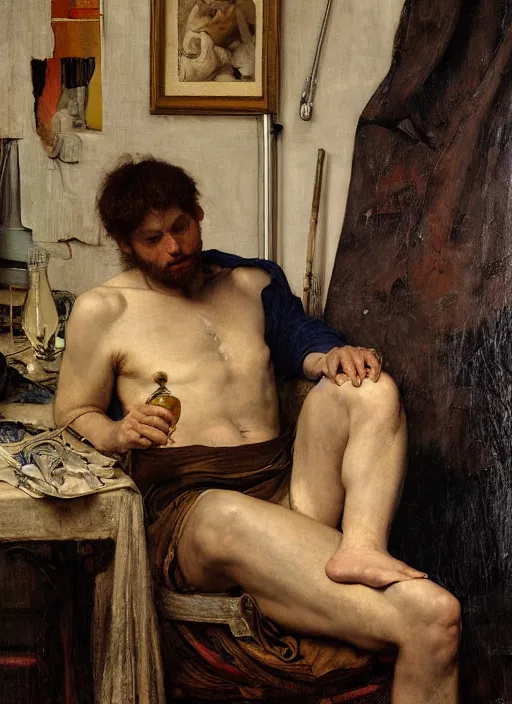 Prompt: an exhausted painter in his studio with a bottle of whisky, by edgar maxence and caravaggio and michael whelan and delacroix style, artistic, intricate drawing, light brazen, realistic fantasy, extremely detailed and beautiful aesthetic face, establishing shot, 8 k resolution, dramatic lighting