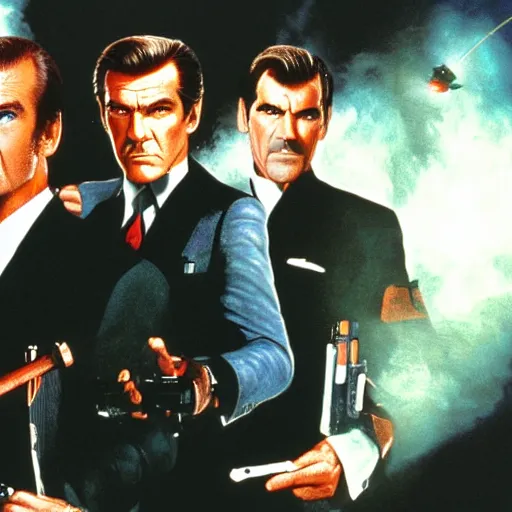 Prompt: goldeneye 0 0 7 n 6 4 all bonds multiplayer deathmatch between sean connery, roger moore, timothy dalton, and pierce brosnan