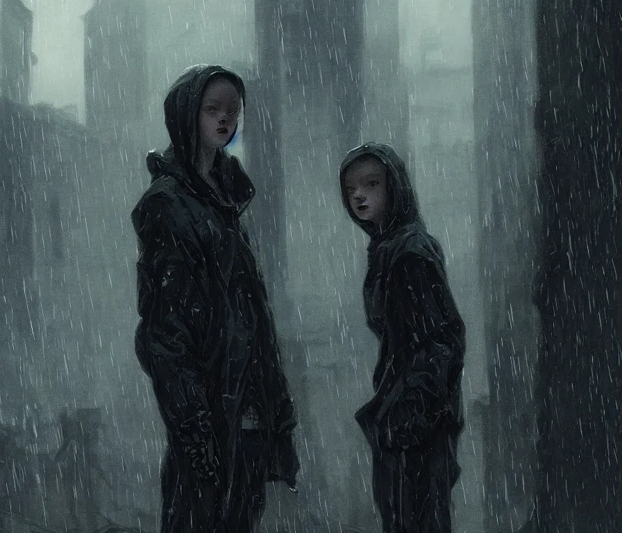 Prompt: sadie sink sits in hoodie, knees up | rain falls | night : concept art for a scifi cyberpunk film. by greg rutkowski, john j. park, jason chan, noah bradley, feng zhu, gintas galvanauskas, gustave courbet, rosa bonheur, edward hopper. sharp focus, cinematic atmosphere, detailed and intricate, perfect anatomy