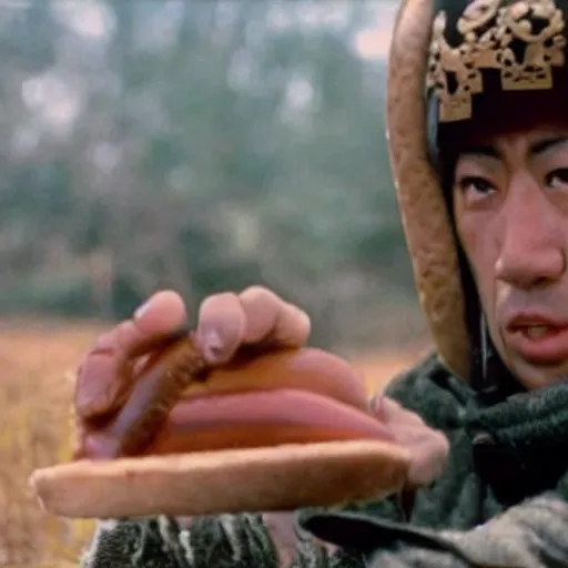 Image similar to a samurai eating a delicious hot dog, scene from Kagemusha, 1980, movie still, cinematic,