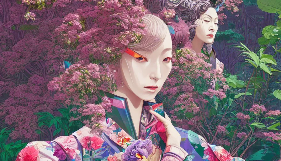 Image similar to a digital painting of a woman wearing gucci exploring a magical japanese temple, lush plants and flowers, eco - cyberpunk art by james jean, cgsociety, retrofuturism, anime aesthetic, chromatic, iridescent, uhd