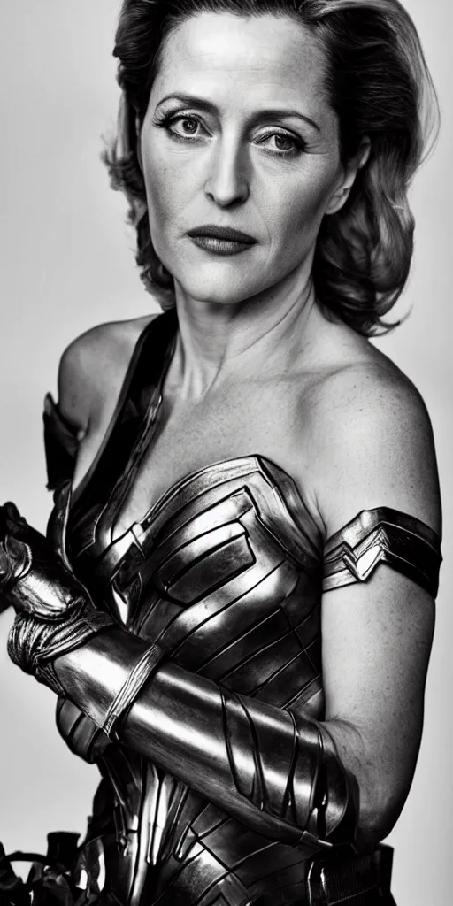 Prompt: full length photo of a beautiful 40-year-old Gillian Anderson dressed as wonder woman by Mario Testino and stanley lau, detailed, head shot, award winning, Sony a7R, trending on artstation