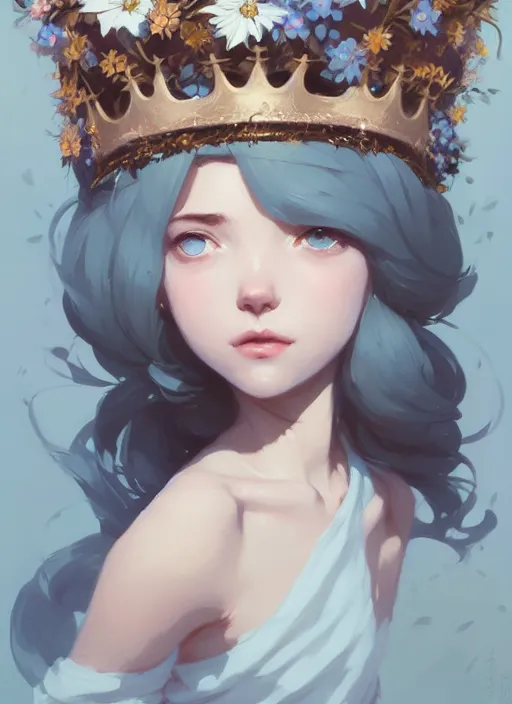 Image similar to portrait of cute nymph girl with crown of flowers, fantasy, by atey ghailan, by greg rutkowski, by greg tocchini, by james gilleard, by joe gb fenton, by in kaethe butcher, dynamic lighting, gradient light blue, brown, blonde cream and white color in scheme, grunge aesthetic