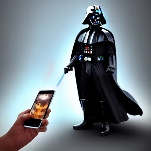 Image similar to darth vader checking his iphone, fantasy, sharp focus, digital art, hyper realistic, 4 k, unreal engine, highly detailed, hd, dramatic lighting by brom, trending on artstation