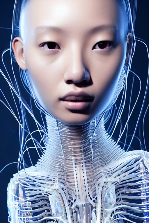 Image similar to young asian woman, iris van herpen, beautiful face, perfect symmetrical body, full body shot, inflateble shapes, wires, tubes, veins, jellyfish, white biomechanical details, wearing epic bionic cyborg implants, masterpiece, intricate, biopunk, vogue, highly detailed, artstation, concept art, cyberpunk, octane render