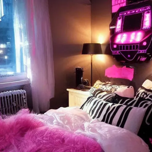 Image similar to a girl's cozy cyber punk bedroom