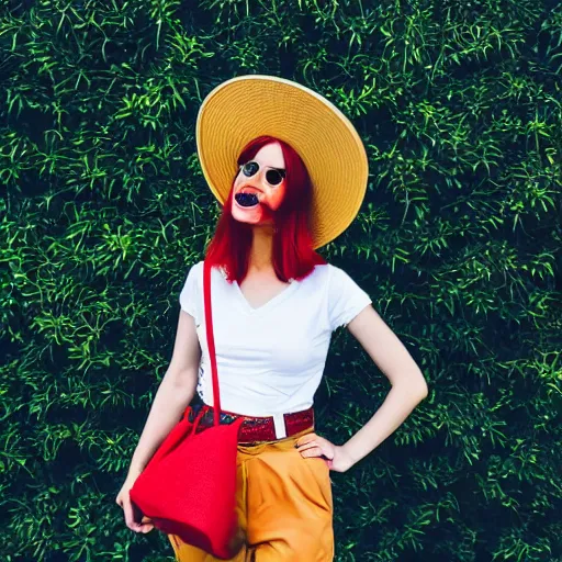 Prompt: red headed young woman wearing a wide brimmed straw hat and a fanny pack, belt bag, bum bag
