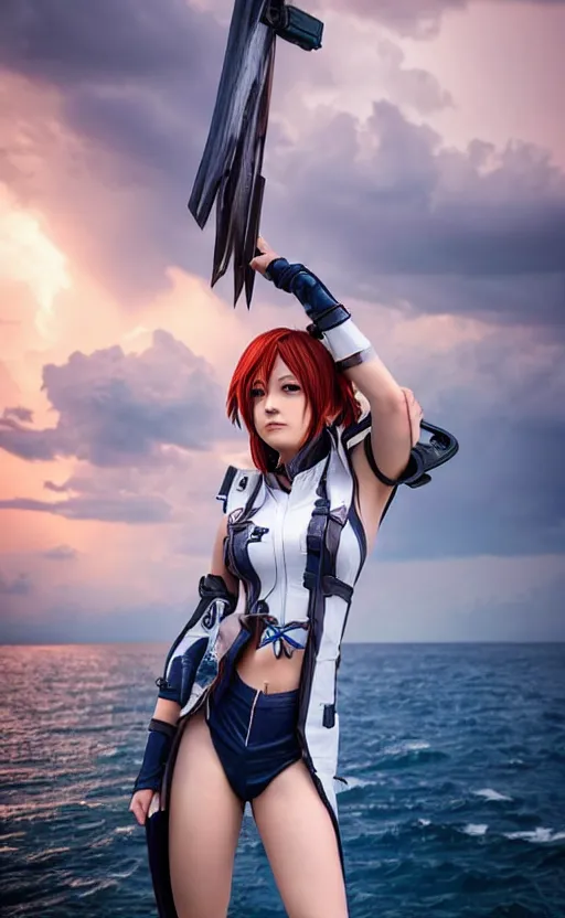 Image similar to highly detailed, high resolution, cosplay photo, octane, stunning, realistic lightning, real sunset, real water, characters from kantai collection, sharp focus, 150mm, trending on facebook, by professional photographer, realistic human anatomy, female sailor uniforms