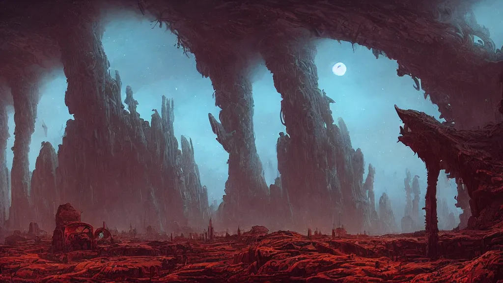 Image similar to eerie atmospheric alien planet with biomechanical plants and the ruins of civilization by les edwards and vincent di fate and anato finnstark, epic cinematic matte painting