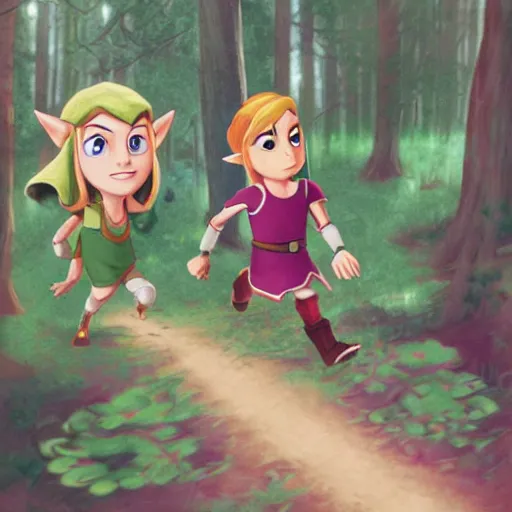 Prompt: link is running to save princess zelda, in forest background, lois van baarle