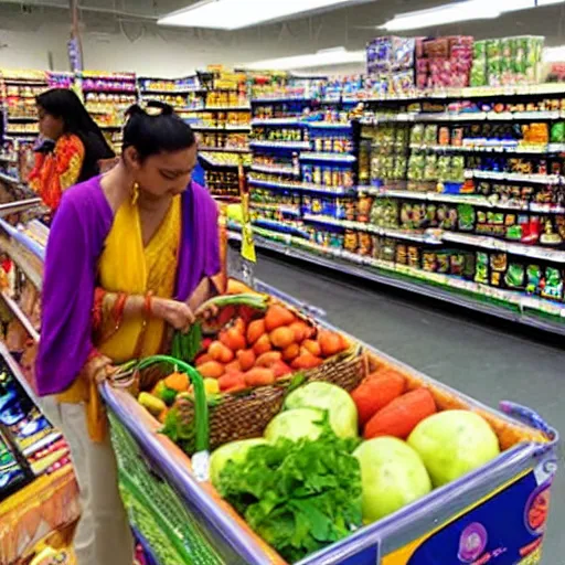 Prompt: hindu gods do their grocery shopping at walmart