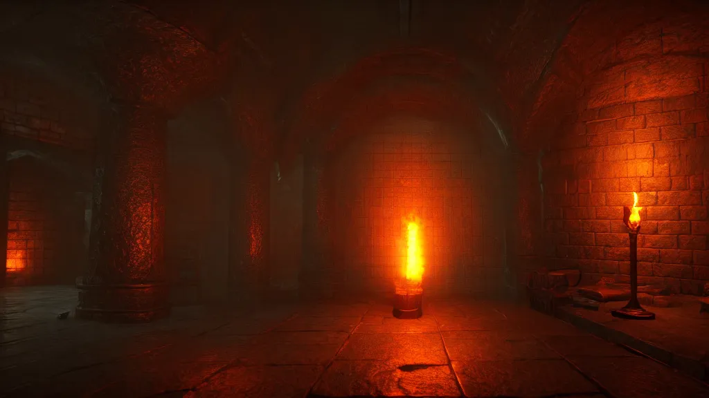Image similar to delicious torch lit prison dungeon jail cell atmospheric unreal engine hyperreallistic render 8k character concept art masterpiece screenshot from the video game the Elder Scrolls V: Skyrim orange flame global illumination