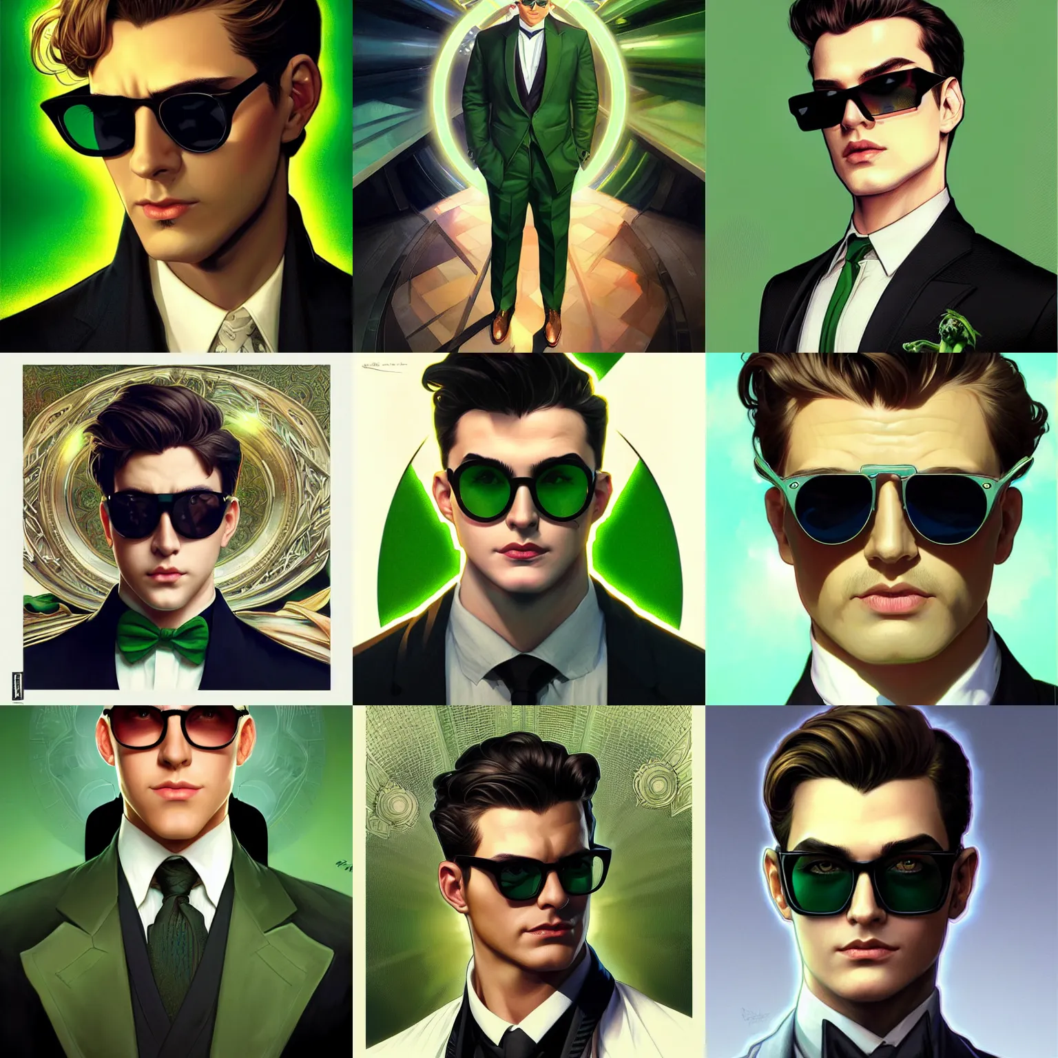Prompt: character concept portrait, symmetrical head-on centralized, Young man with green-tinted sunglasses, formal black suit, perfect hair. Detailed, high quality, dynamic lightning, fantasy. Artwork by Artgerm, WLOP, Alex Ross, Greg Rutknowski, Alphonse Mucha