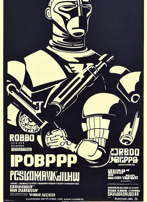 Image similar to Polish posters for RoboCop film. Screen printed, silkscreen, paper texture. 1968