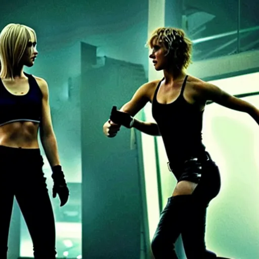 Prompt: julianne hough and jennifer lawrence fighting by ridley scott, secret agents, wearing black shorts, wearing black boots, wearing a cropped tops, blade runner, highly detailed, action movie poster, intense, sharp focus, cyberpunk, hq