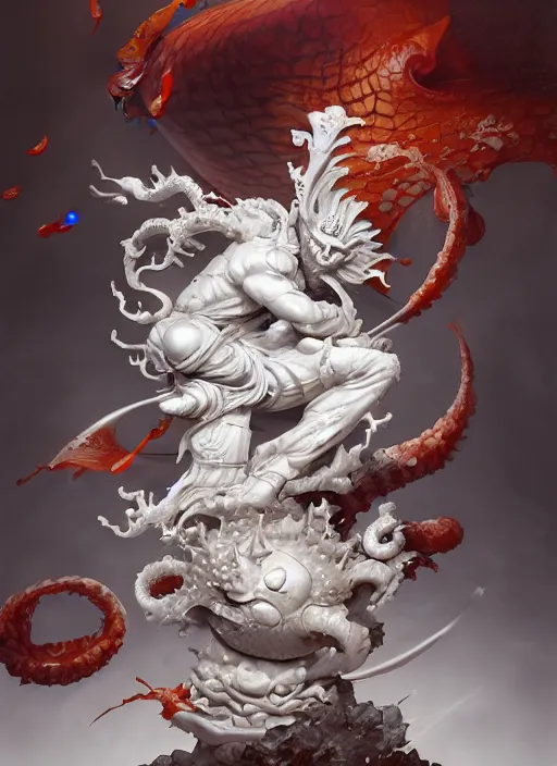 Image similar to subsurface scattering, white, koi, samurai deity with four arms, by jesper ejsing, justin gerard, tomasz alen kopera, cgsociety and fenghua zhong, highly detailed, rim light, cinematic lighting, illustration, art, octane render, very coherent, cinematic, hyper realism, high detail, octane render, 8 k