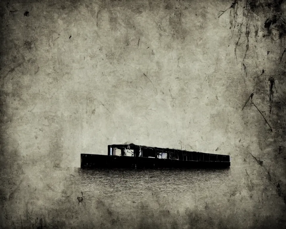 Image similar to a horror movie poster featuring a abandoned barge