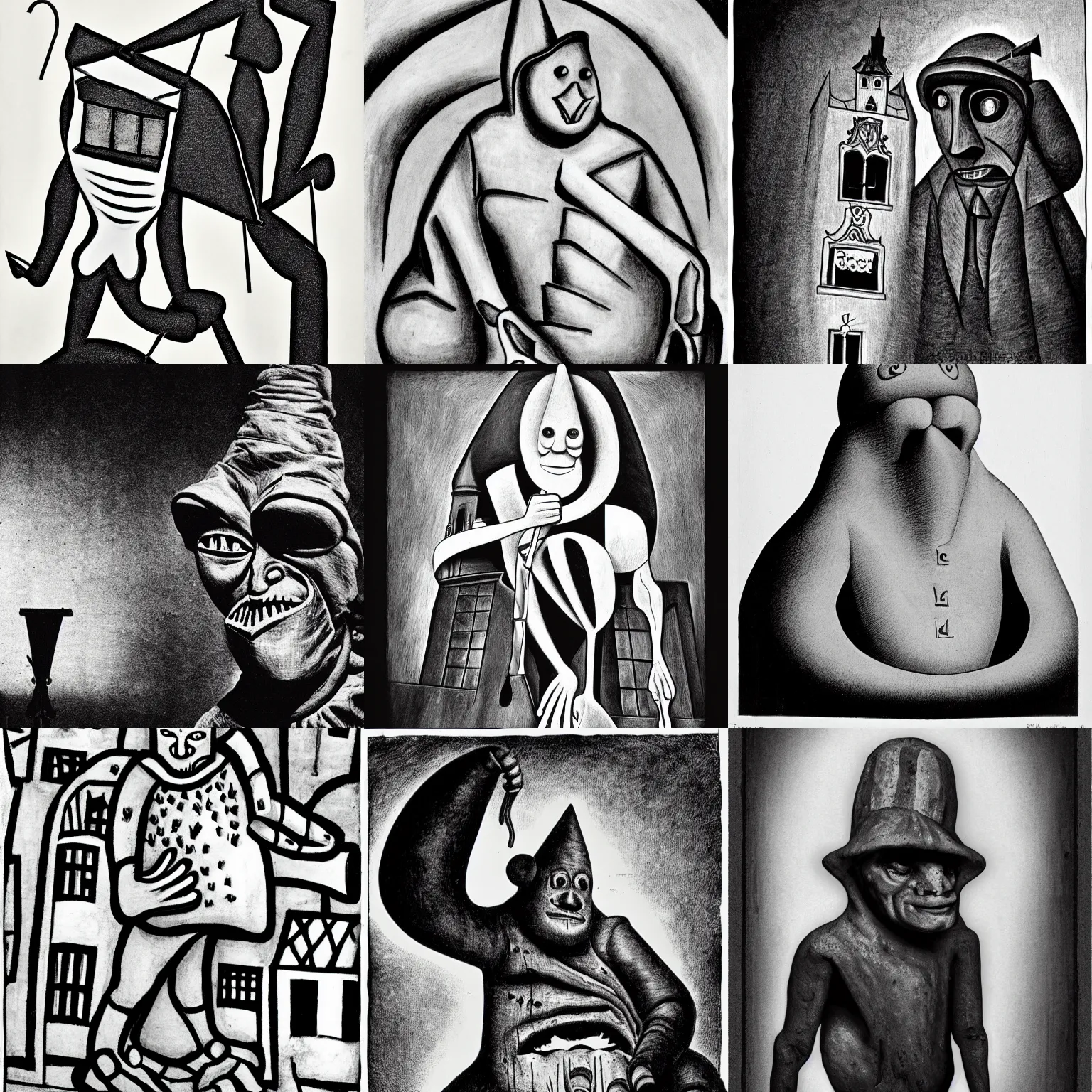 Prompt: black and white dada artwork of the evil golem from prague