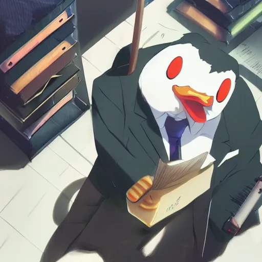 Image similar to a duck wearing a business suit, illustration concept art anime key visual trending pixiv fanbox by wlop and greg rutkowski and makoto shinkai and studio ghibli and kyoto animation symmetrical facial features