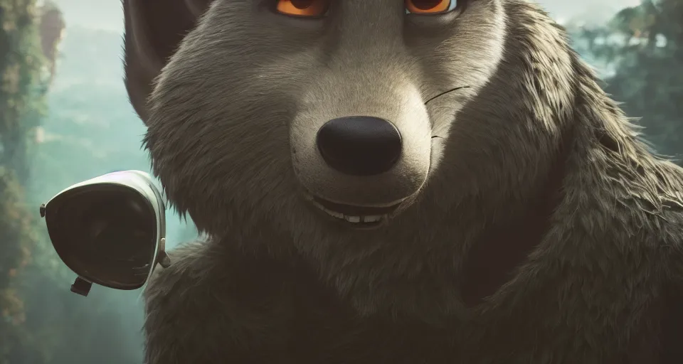 Image similar to a film still from zootopia main character portrait anthro anthropomorphic wolf security guard head animal person fursona pixar disney animation sharp rendered in unreal engine 5 anime key art by greg rutkowski bloom dramatic lighting modeling beginner render