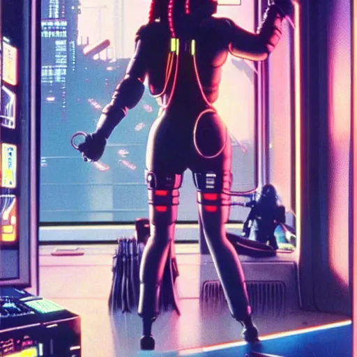 Image similar to cable plugged in, back of head, cyberpunk woman, computer, 1 9 7 9 omni magazine cover, style by vincent di fate, cyberpunk 2 0 2 0