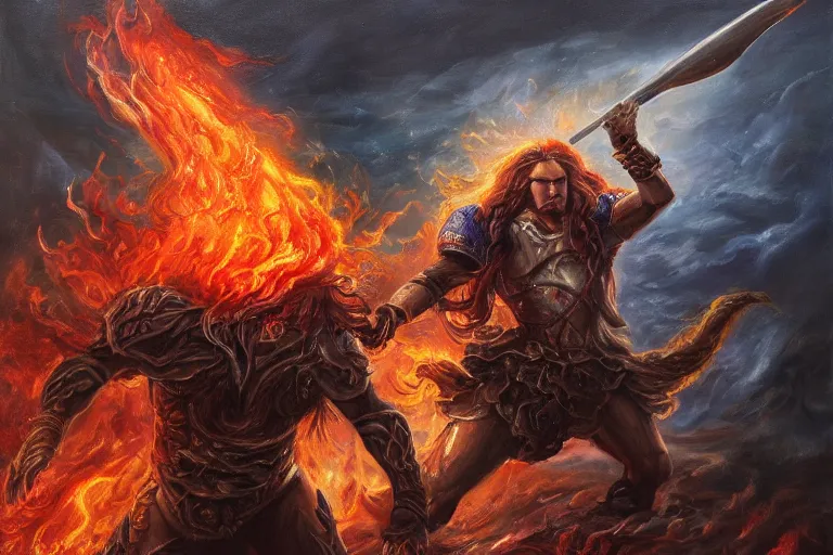 Image similar to a beautiful alex trebek with long curly blond hair brutally destroys his enemies on the battlefield, wrath flame and ruin, oil painting, trending on artstation