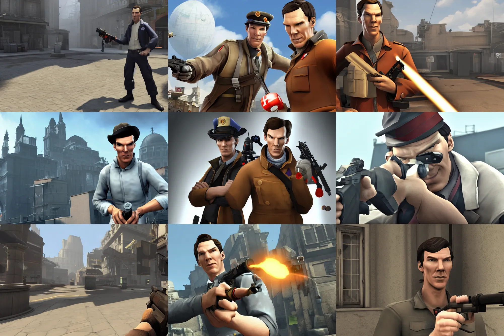 Prompt: a promotional gameplay screenshot of benedict cumberbatch in the video game tf 2. 3 d rendering. very detailed