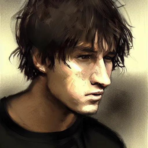 Prompt: Portrait of a man by Greg Rutkowski, he is about 20 years old, mixture between french ans spanish, short brown hair with bangs, attractive, wide forehead, sturdy, he is horrified and resigned looking at the computer screen knowing the schedule for the second semester, he is wearing a black t-shirt, highly detailed portrait, digital painting, artstation, concept art, smooth, sharp foccus ilustration, Artstation HQ