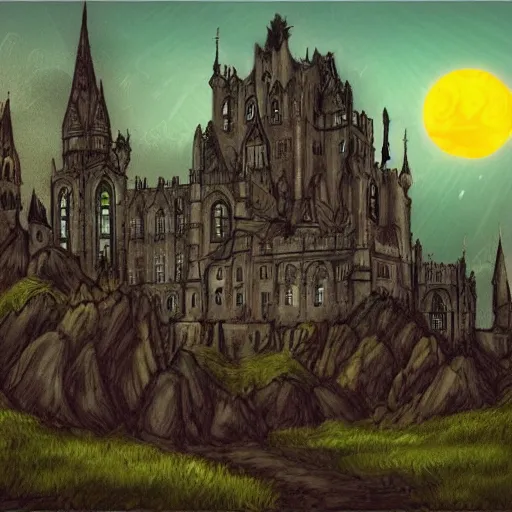 Image similar to beautiful gothic castle landscape in the style of Jim Davis